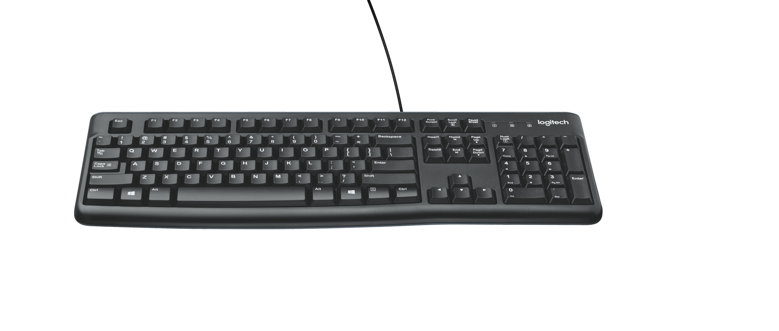 LOGITECH K120 WIRED KEYBOARD WITH QUITE TYPING AND SPILL RESISTANT - BLACK. FULL-SIZE KEYBOARD WITH QUIET, LOW-PROFILE KEYS. SPILL-RESISTANT DESIGN AND DURABLE CONSTRUCTION FOR LONG-TERM USE. USB CONNECTION SUPPORTS PLUG-AND-PLAY SETUP. ADJUSTABLE TILT LEGS FOR ADDED COMFORT.